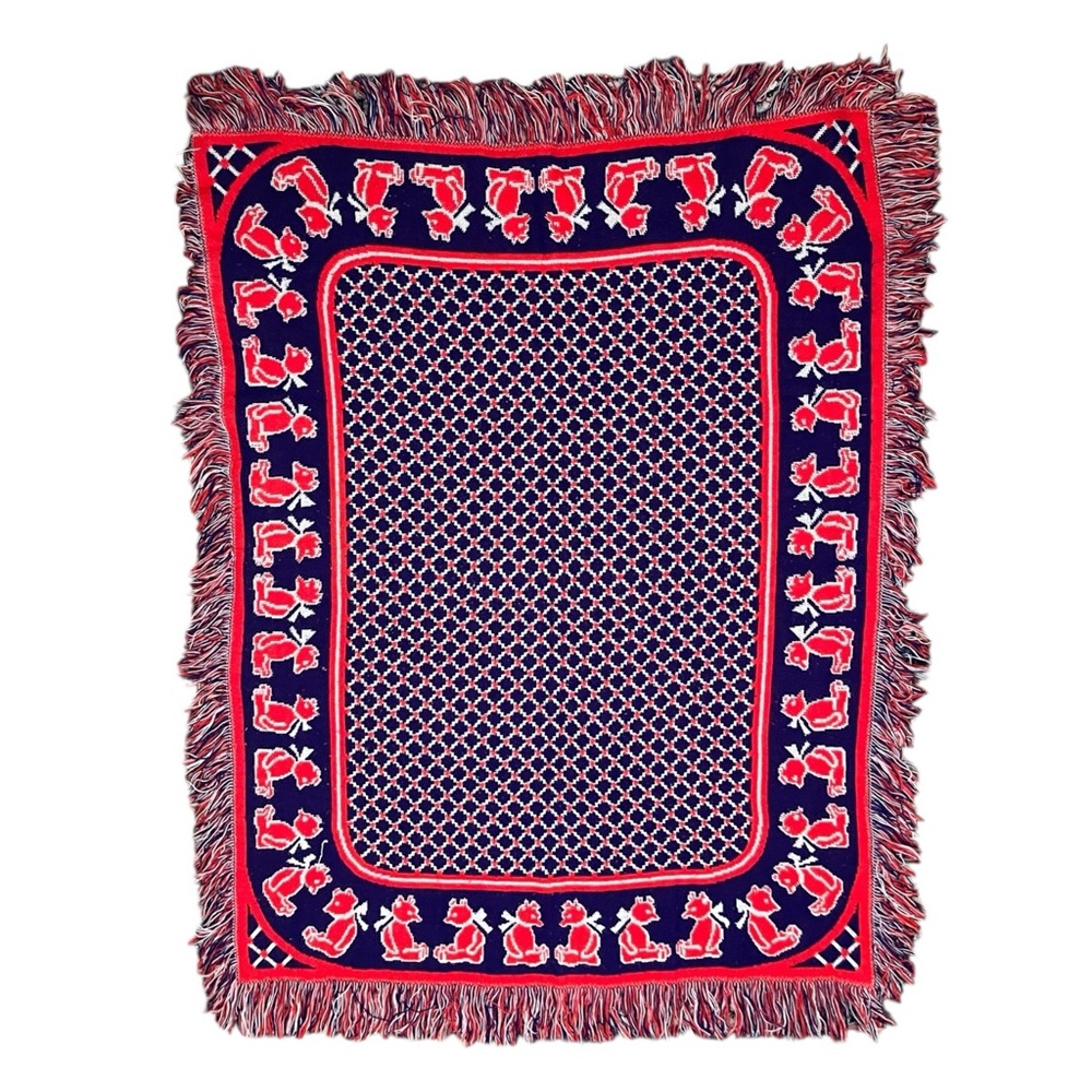 Vintage Baby Blanket- Little Set - Red, White, Blue Teddy Bear Fringe  42” x 31"